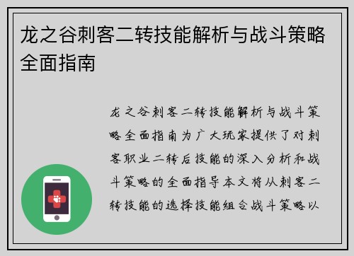 龙之谷刺客二转技能解析与战斗策略全面指南